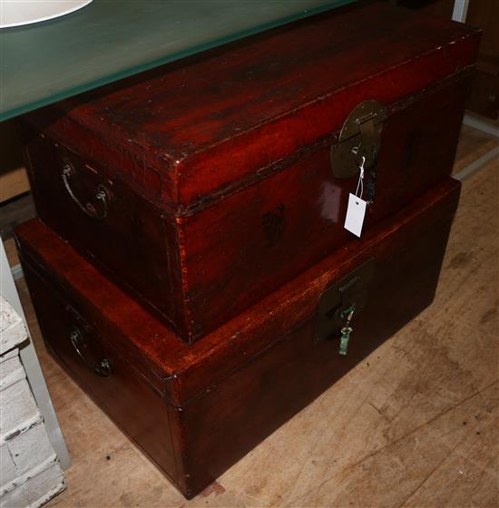 Chinese brass-mounted lacquered trunk and another, smaller, with seal stamps (one with label to interior)
